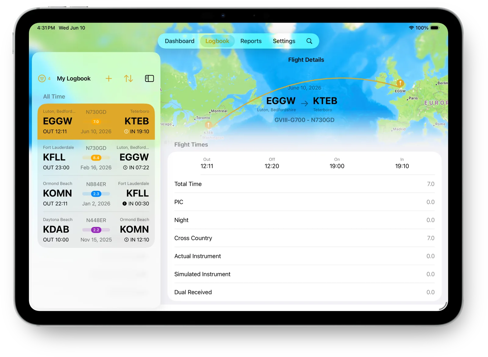 The KármánLogs logbook on iPad: a flight list beside flight details with a route map and flight times