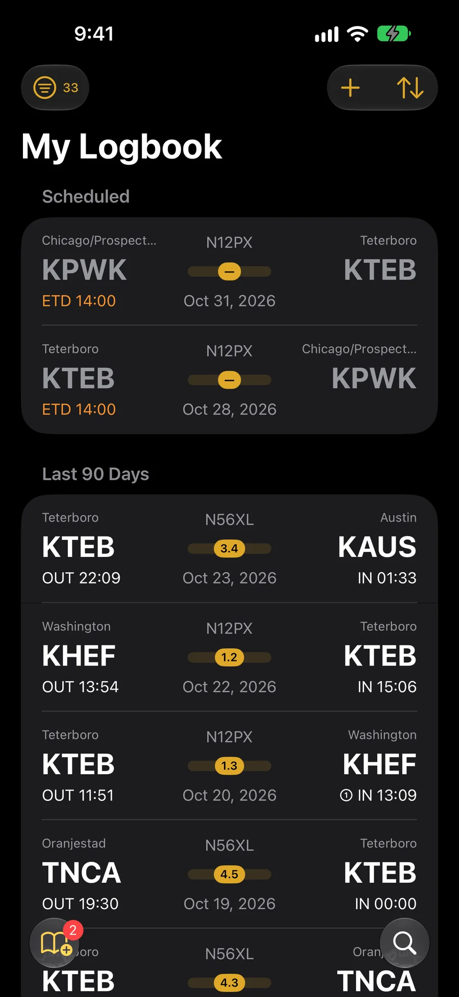 KármánLogs on iPhone: My Logbook, scheduled legs and the last 90 days of flights