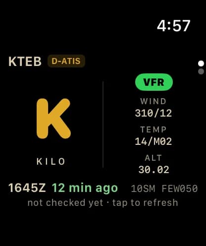KármánLogs on Apple Watch: Live ATIS for Teterboro, information Kilo, VFR, wind and altimeter