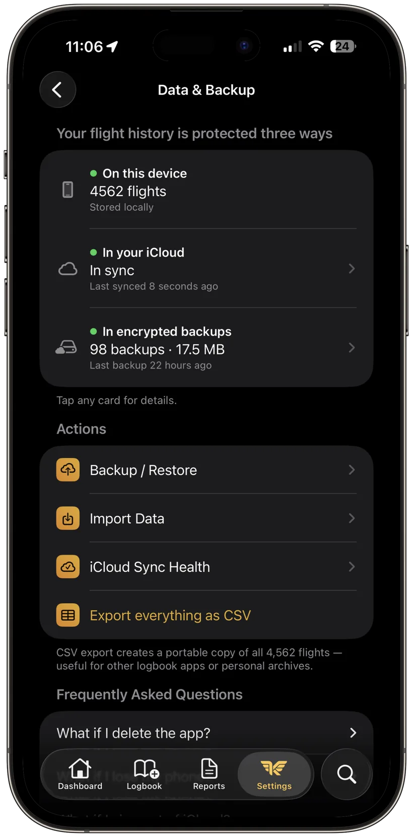 KármánLogs Data & Backup screen: flight history protected on device, in your iCloud, and in encrypted backups, with iCloud Sync Health and CSV export.