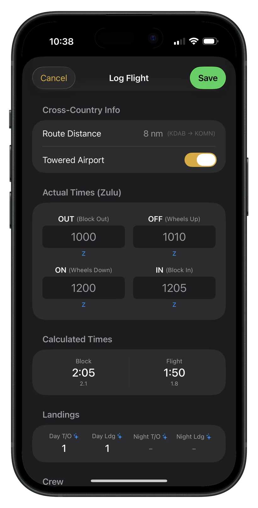 A flight entry with night time and takeoffs and landings calculated automatically.