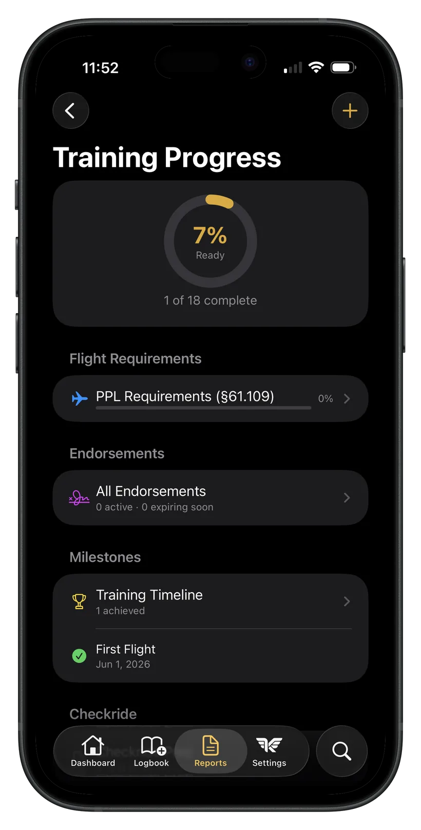 The KármánLogs rating tracker showing progress toward each FAA requirement.